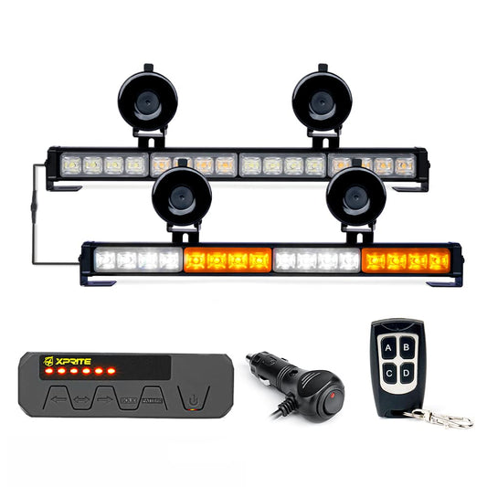 Xprite - Barra de luz doble estroboscópica LED de emergencia, color blanco y ámbar, visera para parabrisas de cubierta, luz intermitente de seguridad con control remoto inalámbrico y caja de control,