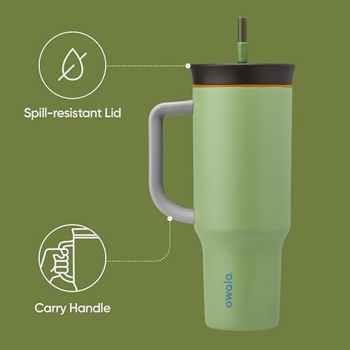 Owala - Vaso de viaje de acero inoxidable de triple capa con tapa resistente a derrames, popote y asa de transporte, sin BPA, 40 onzas, verde (Brave Adventures)