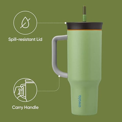 Owala - Vaso de viaje de acero inoxidable de triple capa con tapa resistente a derrames, popote y asa de transporte, sin BPA, 40 onzas, verde (Brave Adventures)