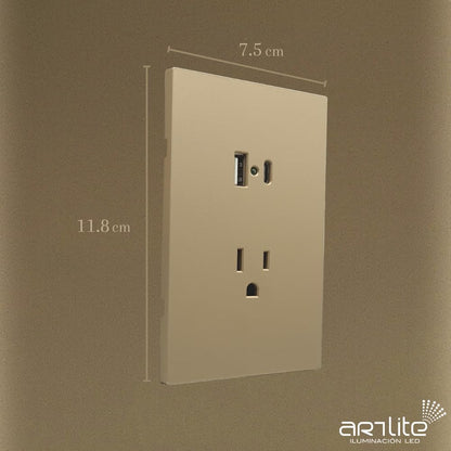 Placa Luxury APL-507 Artlite, Contacto y 2 Salidas USB (Tipo A y Tipo C), Policarbonato + Hierro Galvanizado, 15A, Color Oro, Materiales de Alta Calidad, Skin Feel