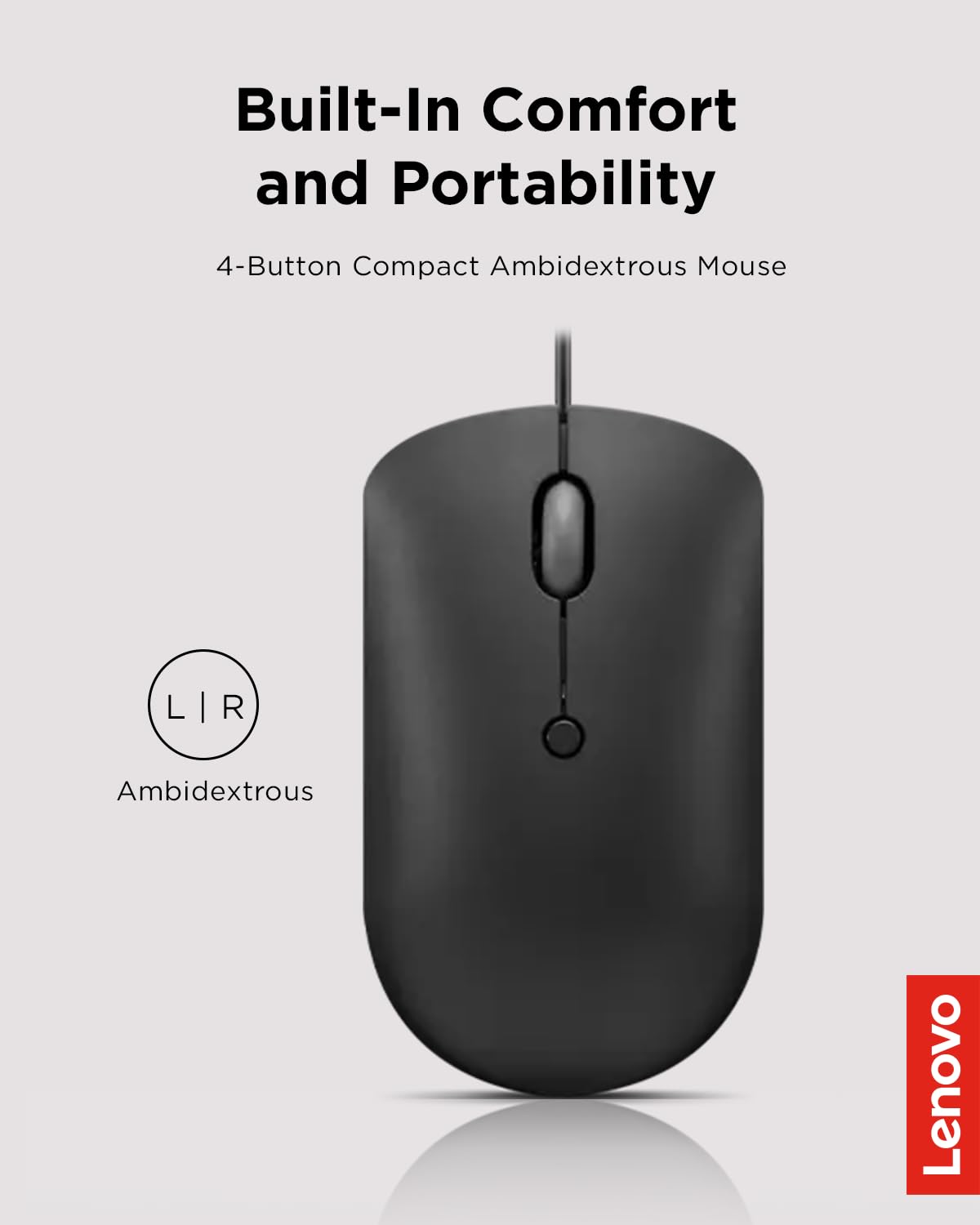 Lenovo 400 USB-C - Mouse con Cable Compacto - Mouse portátil Compatible con Bolsillo para portátil o Monitor de computadora Grande, Color Negro