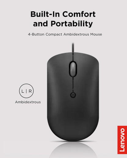 Lenovo 400 USB-C - Mouse con Cable Compacto - Mouse portátil Compatible con Bolsillo para portátil o Monitor de computadora Grande, Color Negro