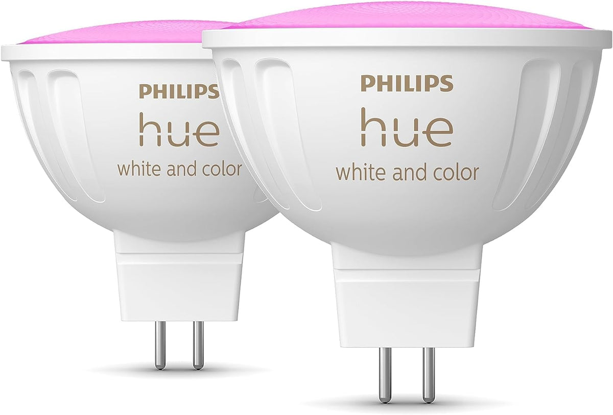 Philips Hue 2 Focos Inteligentes MR16 GU5.3, Luz Multicolor, 12V AC, (Requieren Transformador Compatible, No Conectar Directamente a 127V)
