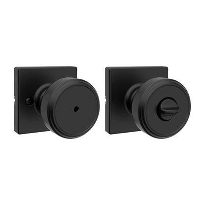 Kwikset Maven - perilla de puerta de privacidad interior con cerradura, manija de puerta cuadrada para baño y recámara, perilla de puerta sin llave negro mate, con protección Microban