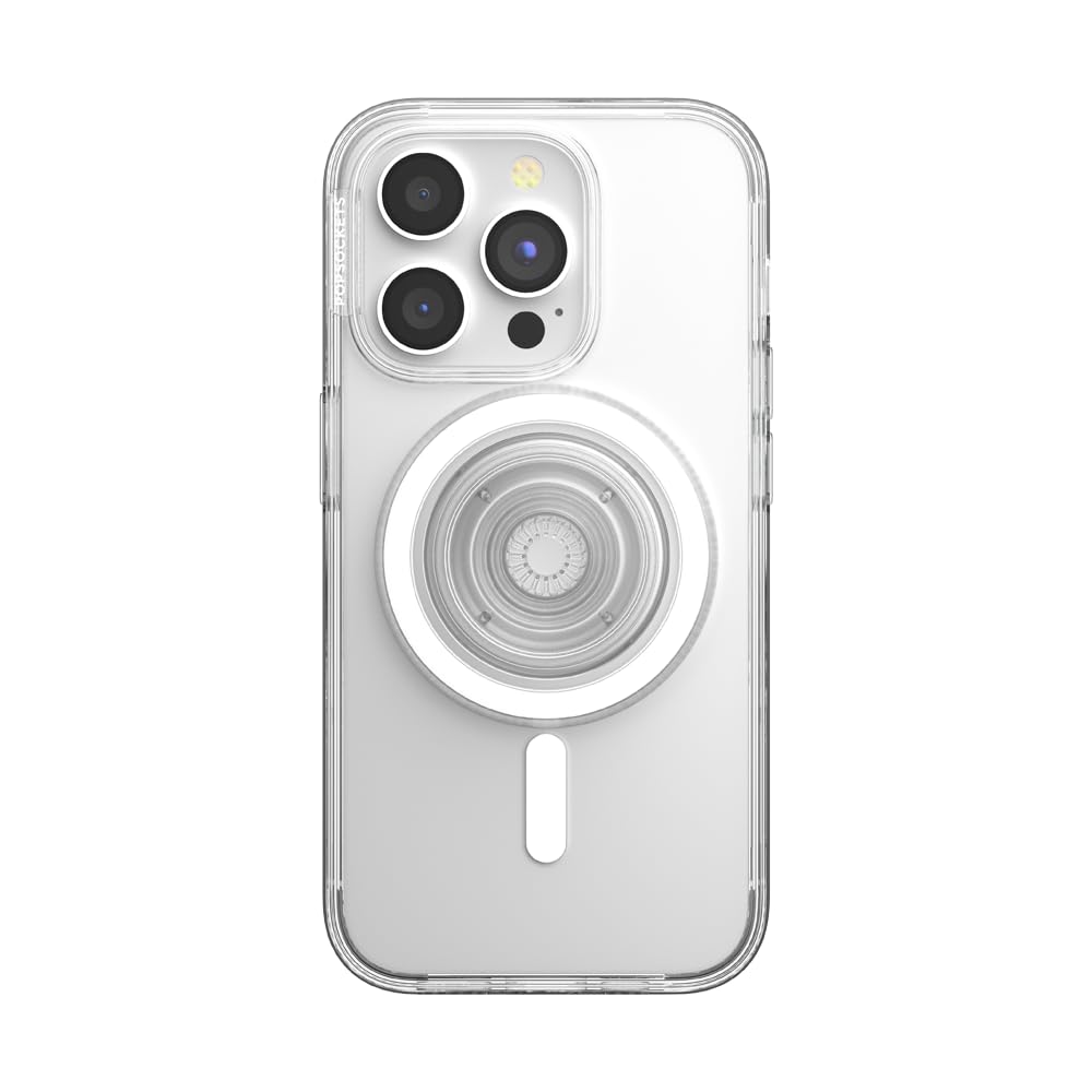 PopSockets - Funda para iPhone 15 Pro con Agarre Redondo para teléfono Compatible con MagSafe, Funda de teléfono para iPhone 15 Pro, Compatible con Carga inalámbrica, Transparente