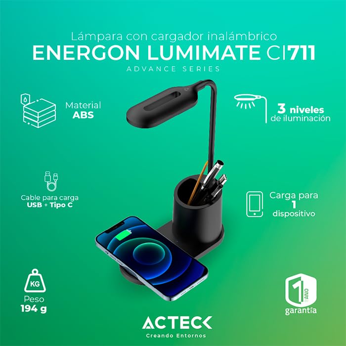 Lampara con cargador inalambrico ACTECK ENERGON LUMIMATE CI711 USB-C Negro AC-937184