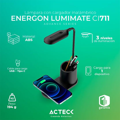 Lampara con cargador inalambrico ACTECK ENERGON LUMIMATE CI711 USB-C Negro AC-937184