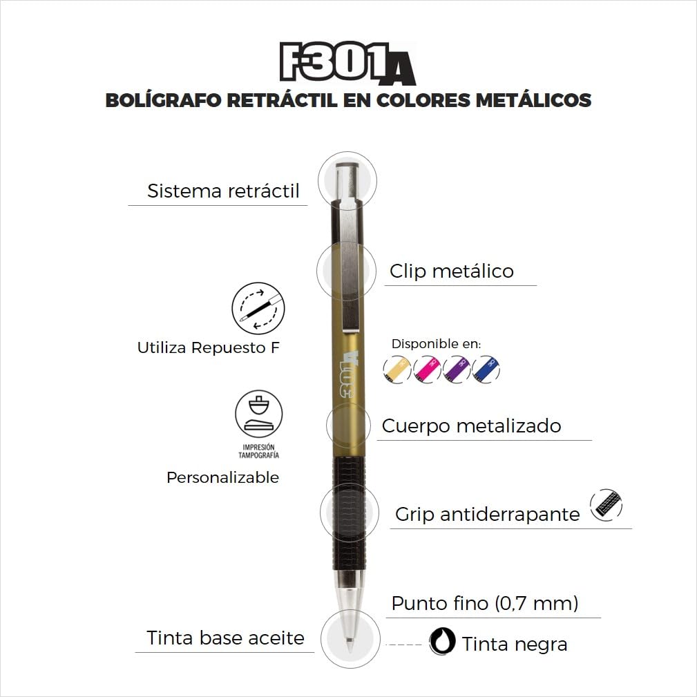 Zebra F-301 A Bolígrafo Retráctil Tinta Base Aceite Punto 0.7 mm Caja 6 Piezas (Azul)