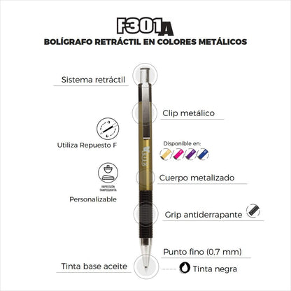 Zebra F-301 A Bolígrafo Retráctil Tinta Base Aceite Punto 0.7 mm Caja 6 Piezas (Azul)