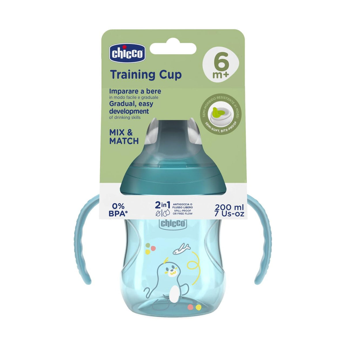 Chicco Vaso de Entrenamiento Training Cup 6M+ Anti Derrames Pico Ergonómico Asas Desmontables Azul
