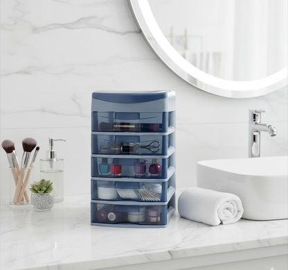 Italhome Cajonera de Plástico Sesia Azul, Mini Organizador de Escritorio Multiusos con 5 Cajones Transparentes
