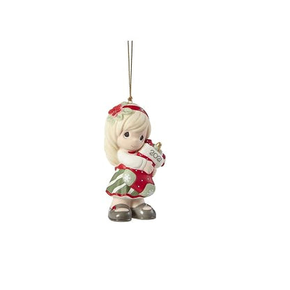 Precious Moments 211002 Me llenas de alegría navideña 2021 Dated Girl Bisque Adorno de Porcelana, Blanco