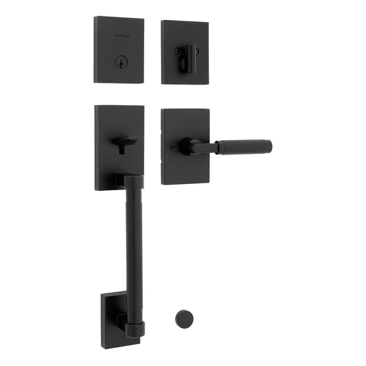 Kwikset Prava - Juego de manija y cerrojo para puerta delantera con palanca reversible interior, color negro mate, resistente a la púa SmartKey Rekey seguridad con protección Microban