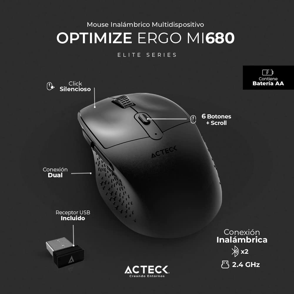 Acteck Optimize Ergo MI680 Mouse Multidispositivo, 2.4 GHz + 2 Modos Bluetooth, hasta 1600 dpi, 6 Botones, Ergonómico, Incluye 1 Batería AA (Negro)