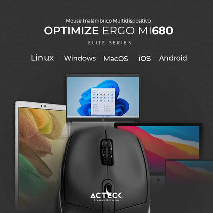 Acteck Optimize Ergo MI680 Mouse Multidispositivo, 2.4 GHz + 2 Modos Bluetooth, hasta 1600 dpi, 6 Botones, Ergonómico, Incluye 1 Batería AA (Negro)