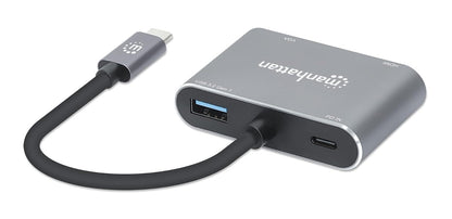 Adaptador USB C a HDMI 4K y VGA, Docking Station 4 en 1 con Puerto USB 3.0 y Carga PD 87W para MacBook Pro, Air, iPad, Laptop y Surface, Doble Salida de Video, Gris Espacial, Manhattan 130691