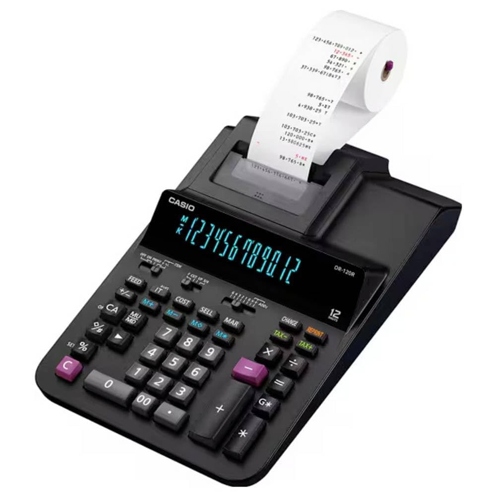 Casio Calculadora Impresora DR-200R-BK, Pantalla LCD Grande 12 Dígitos, 2 Colores de Impresión, Diseño Compacto y Práctio