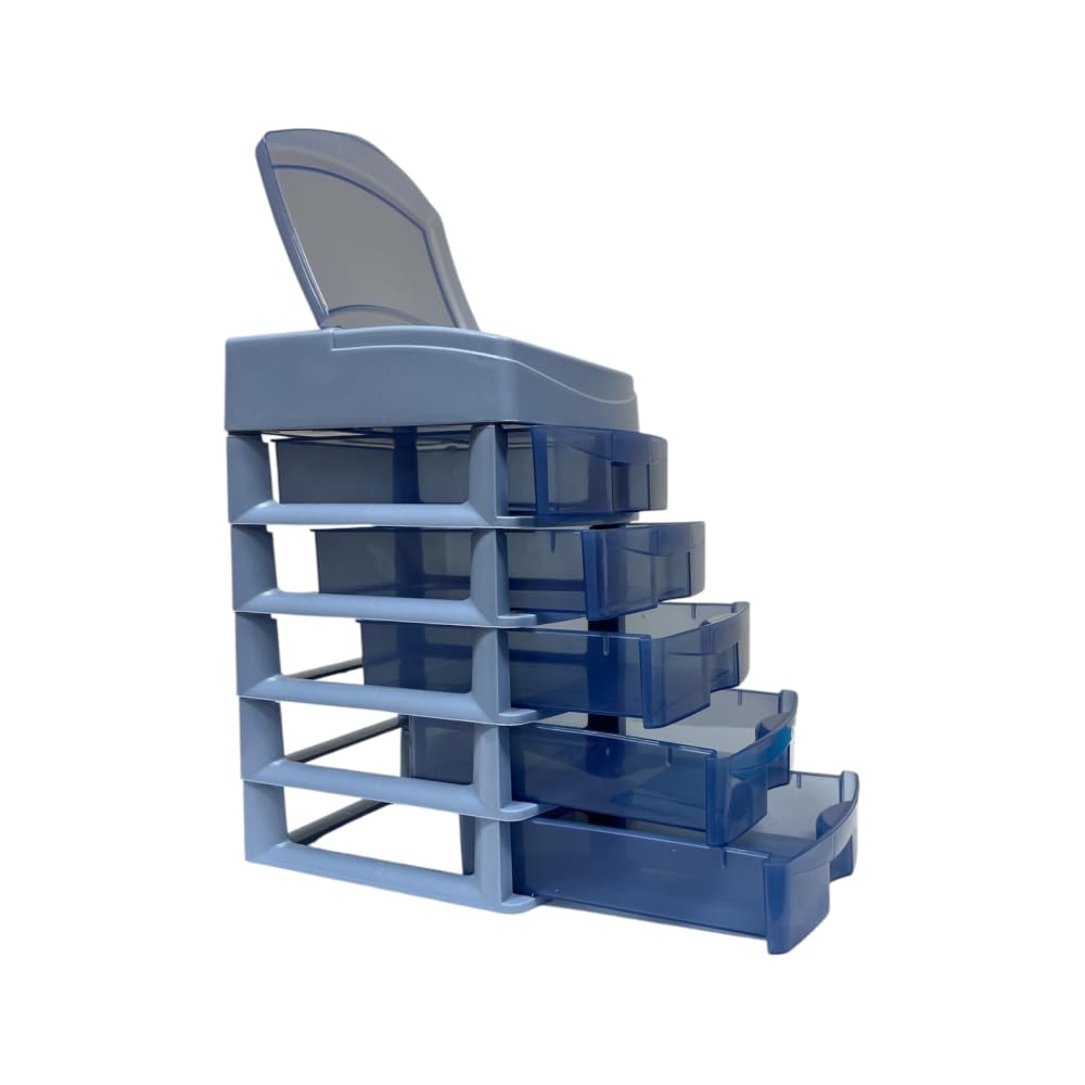 Italhome Cajonera de Plástico Sesia Azul, Mini Organizador de Escritorio Multiusos con 5 Cajones Transparentes