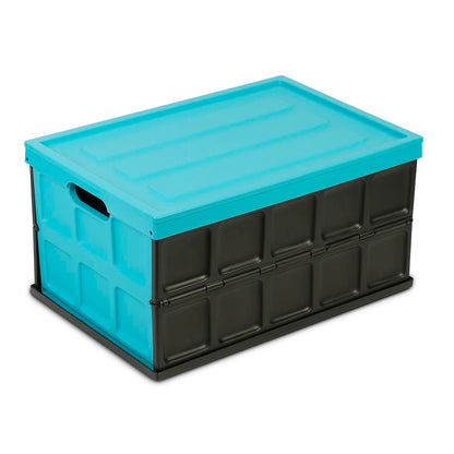 Glad - Contenedor plegable de almacenamiento con tapa, caja de plástico plegable de 48 litros para cochera, maletero y organización, contenedor apilable con tapa con asas, color turquesa