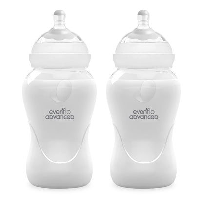 Evenflo Advanced Biberón Anticólicos Avanzado, Cuello Ancho, Transparente, 270ml, 2 Piezas, Flujo Medio, Silicón Grado Alimenticio, Sistema Doble Válvula, para Bebés desde 3 Meses