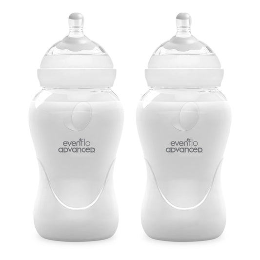 Evenflo Advanced Biberón Anticólicos Avanzado, Cuello Ancho, Transparente, 270ml, 2 Piezas, Flujo Medio, Silicón Grado Alimenticio, Sistema Doble Válvula, para Bebés desde 3 Meses