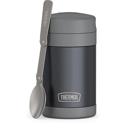THERMOS FUNTAINER - Tarro aislado para alimentos, 16 onzas, termo apto para niños, con cuchara plegable, carbón mate