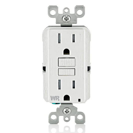 Enchufe a prueba de alteraciones Leviton SmartlockPro Slim, con fallo de puesta a tierra (GFCI), auto-prueba, luz de guía e indicador LED, 15 Amp, Blanco