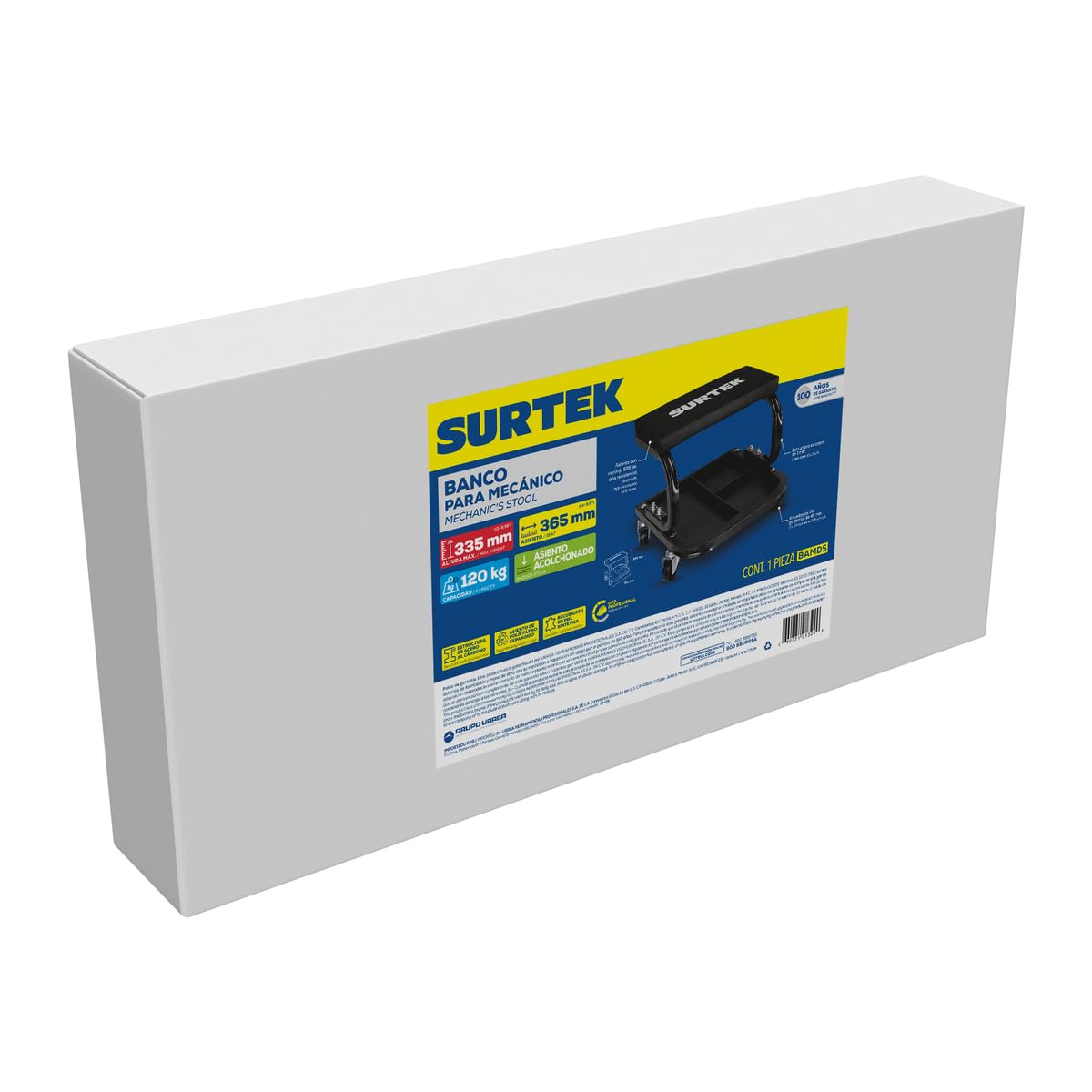 Surtek BAMDS Banco para mecánico acolchonado Color Negro con deposito, 33 cm