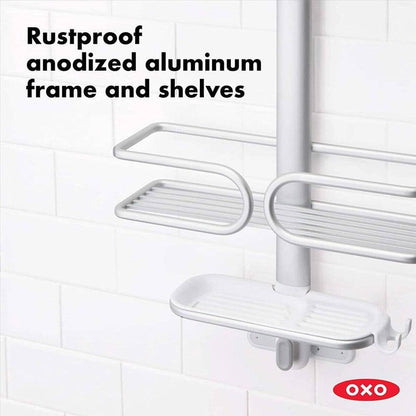 OXO Good Grips - Cesta de Ducha de Aluminio de 3 Niveles | Cesta a prueba de óxido, gancho antideslizante y succión segura, instalación sin herramientas, cesta de gran capacidad