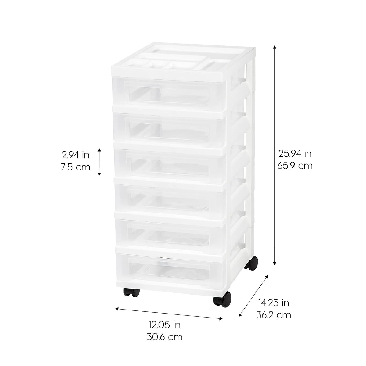 IRIS USA Carrito Organizador con Ruedas de 6 Cajones, Blanco/Transparente | Organiza manualidades, artículos de oficina, salón y accesorios con cajones de fácil acceso para uso diario