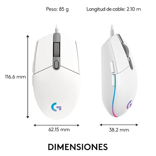 Logitech G203 LIGHTSYNC Mouse Ergonómico con Cable, Iluminación RGB Personalizable, 6 Botones Programables, Seguimiento de hasta 8,000 dpi, Ultra-Ligero - Color Blanco