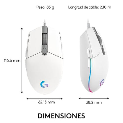 Logitech G203 LIGHTSYNC Mouse Ergonómico con Cable, Iluminación RGB Personalizable, 6 Botones Programables, Seguimiento de hasta 8,000 dpi, Ultra-Ligero - Color Blanco
