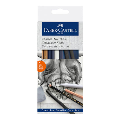 Faber-Castell Set de Grafito y Carbón Goldfaber con 7 piezas de carboncillos profesionales (manos), selección de carboncillos Goldfaber de distintas texturas, con un difuminador y goma moldeable