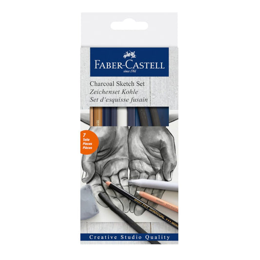Faber-Castell Set de Grafito y Carbón Goldfaber con 7 piezas de carboncillos profesionales (manos), selección de carboncillos Goldfaber de distintas texturas, con un difuminador y goma moldeable