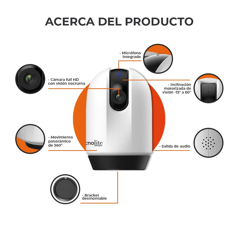 Tecnolite Connect - Cámara de Monitoreo 360° Inteligente WiFi Interiores, Altavoz y Micrófono, Visión Nocturna, Cámara fullHD Compatible con Alexa, Google Assistant, Atajos de Siri y App móvil