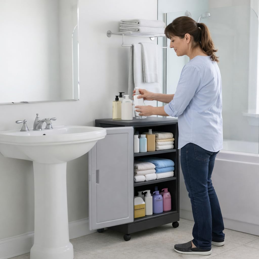 Italhome Mueble Organizador de Plástico con Ruedas, Cajonera con Repisas Multiusos para Oficina, Hogar o Taller, Ligero Resistente, Color Negro Gris