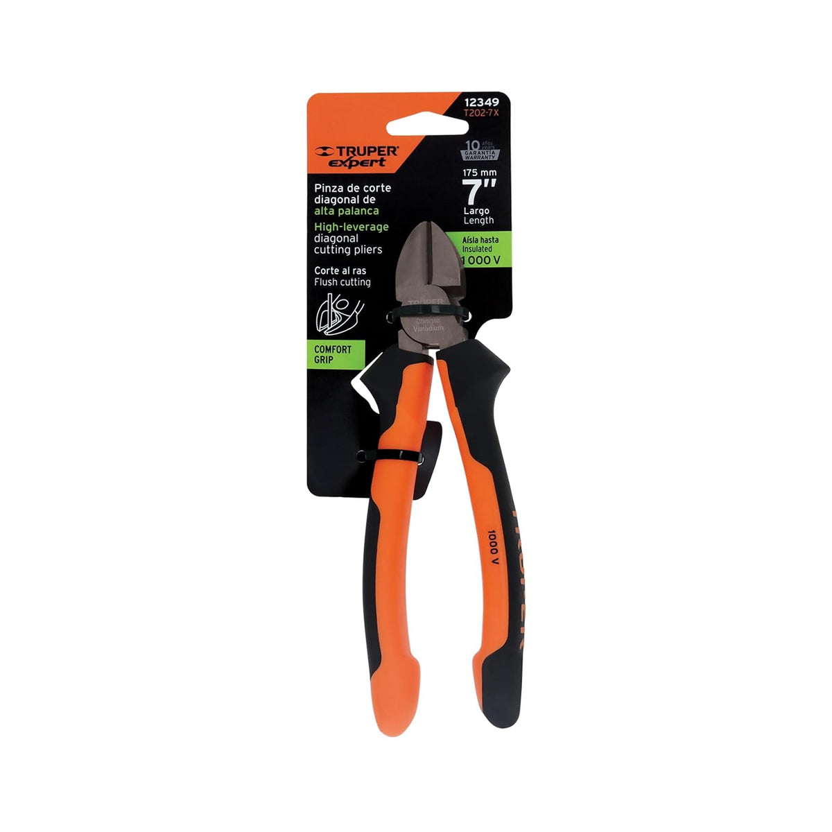 Truper Expert T202-7X, Pinza corte diagonal 7" alta palanca comfort grip