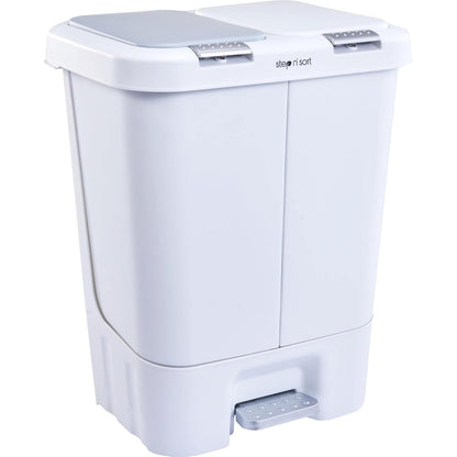 Bote de basura doble de 40 l, tapa de cierre lento con cubos extraíbles, color blanco