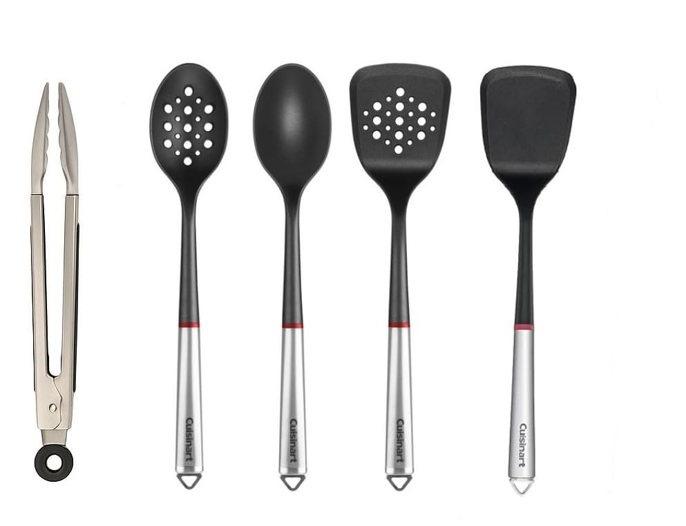 Cuisinart Juego de Utensilios 5 Piezas Nylon y Acero Inoxidable | Utensilios con cabezales de nylon seguros hasta 215°C, Mangos duraderos acero inoxidable, Apto sartenes antiadherentes.