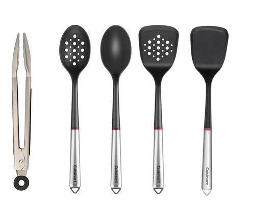 Cuisinart Juego de Utensilios 5 Piezas Nylon y Acero Inoxidable | Utensilios con cabezales de nylon seguros hasta 215°C, Mangos duraderos acero inoxidable, Apto sartenes antiadherentes.