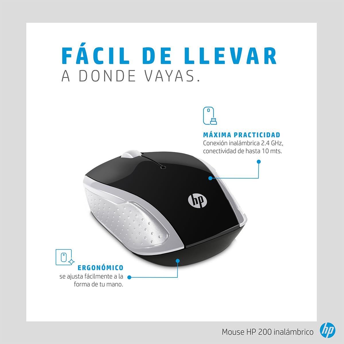 HP Mouse inalámbrico 200, 2.4 GHz, Conectividad 10 MTS, Pilas AAA, Windows, Mac OS, Chrome OS, Plata Claro, 2HU84AA