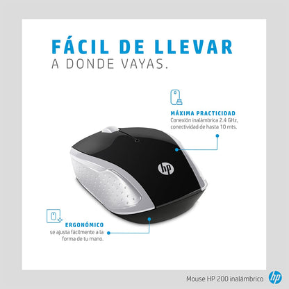 HP Mouse inalámbrico 200, 2.4 GHz, Conectividad 10 MTS, Pilas AAA, Windows, Mac OS, Chrome OS, Plata Claro, 2HU84AA