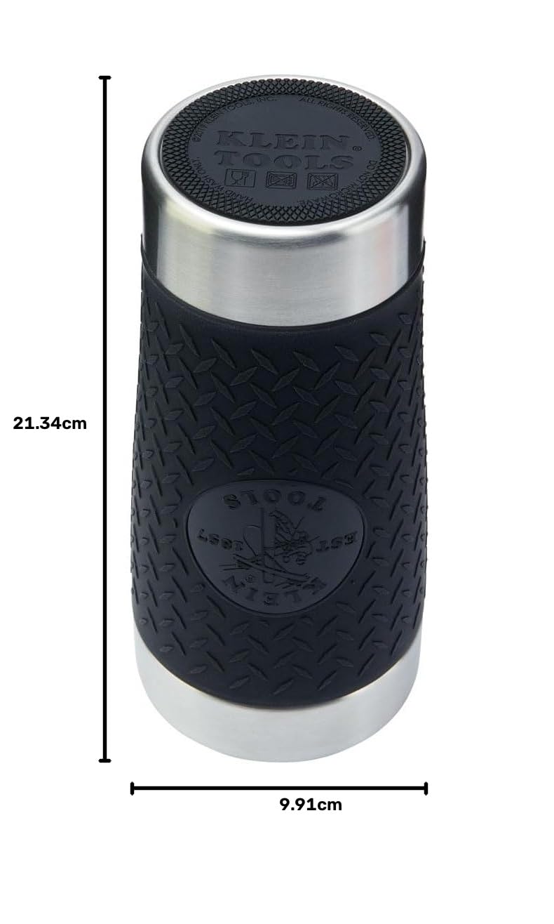 Klein Tools 55580 Vaso de acero inoxidable con tapa abatible, aislado de 597 ml, taza de vacío de doble pared Tradesman's con funda antideslizante