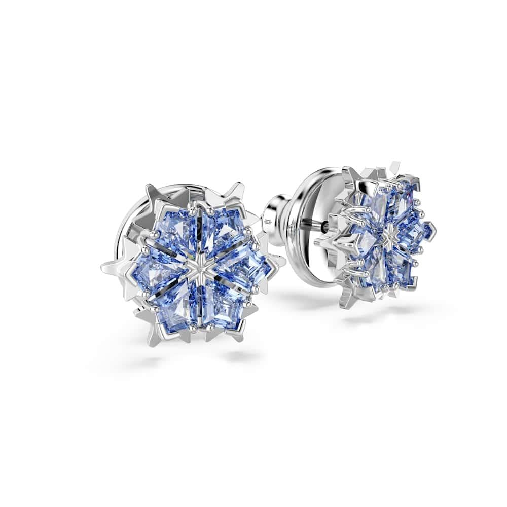 Swarovski Aretes de botón Magic, Copo de nieve, Azules, Baño de rodio