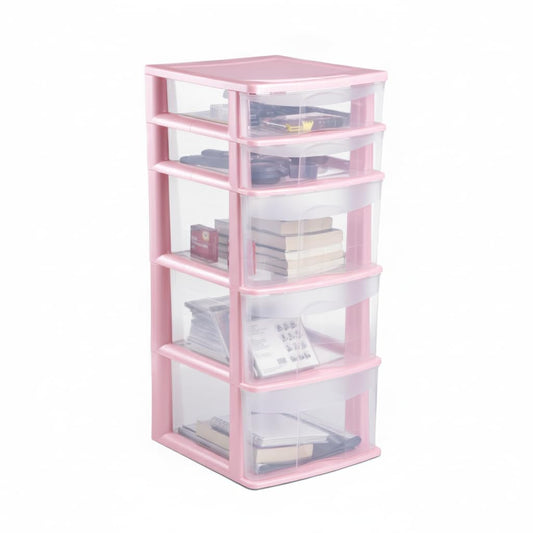Italhome Cajonera FOX 5 de Plástico 5 Cajones Transparentes, Organizador Multiusos para Hogar y Oficina, Mueble Resistente Fácil Armado, Color Rosa