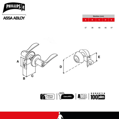 Phillips Combo Cerrojo/Manija Nogal Alta Seguridad LLave-Mariposa Plata