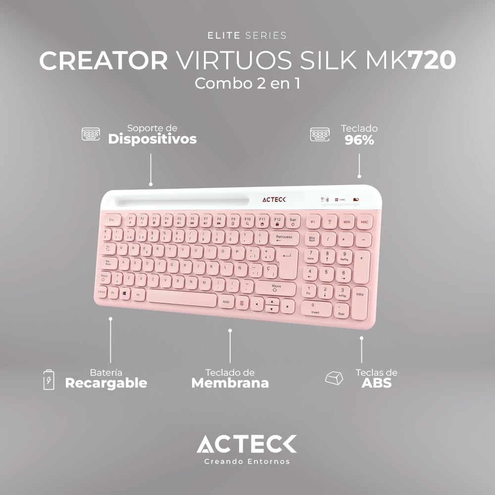Acteck Virtuos Silk MK720 Combo 2 en 1 Teclado y Mouse Inalámbrico, Multidispositivo, 2.4 GHz + Bluetooth, 4000 dpi, Recargable (Rosa)