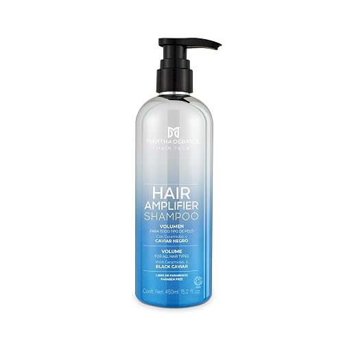 MARTHA DEBAYLE Shampoo HAIR AMPLIFIER para todo tipo de cabello. Máximo volumen, luminosidad y flexibilidad. Con ceramidas y caviar negro. Sin parabenos y ftalatos. 450 ml