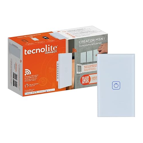 Tecnolite Connect - Apagador Inteligente Táctil WiFi 1 Circuito, Sin Cable Neutro, Compatible con App móvil, Alexa, Google y Siri, Interruptor Inteligente