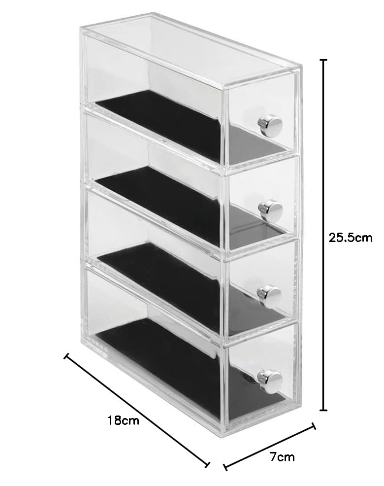 InterDesign Clarity - Jewelry organizer, with 4 drawers for watches, necklaces, rings, etc, anti-scratch, Plastic, Transparent